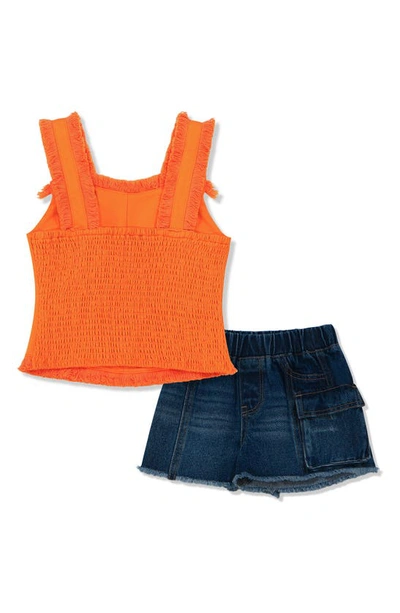 Shop Habitual Kids' Fringe Tank & Denim Shorts Set In Orange