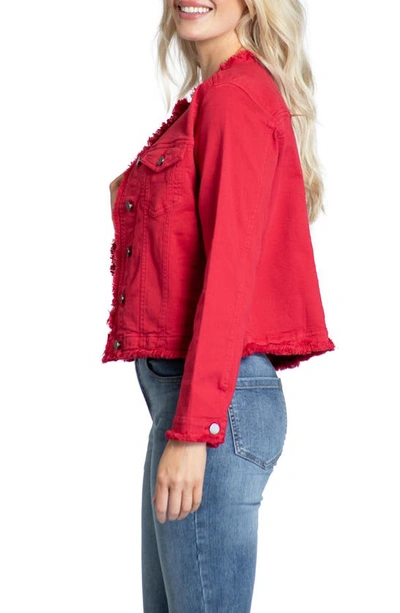 Shop Apny Frayed Collarless Denim Jacket In Red