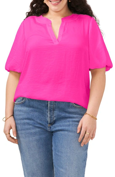 Shop Vince Camuto Puff Sleeve Split Neck Top In Hot Pink