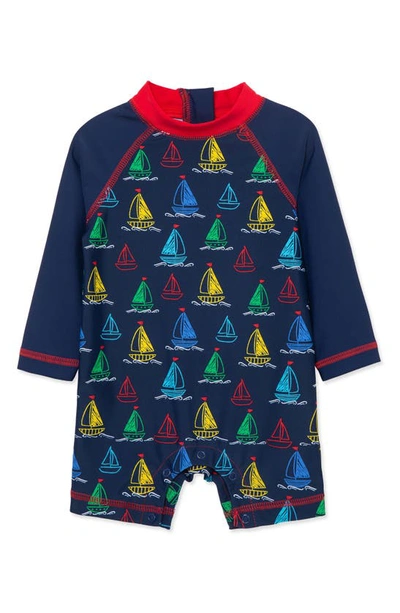 Shop Little Me Kids' Boat Print Long Sleeve Rashguard Swumsuit In Blue