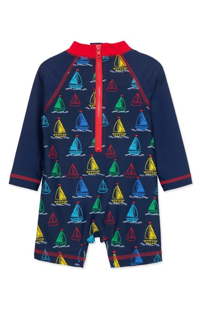Shop Little Me Kids' Boat Print Long Sleeve Rashguard Swumsuit In Blue