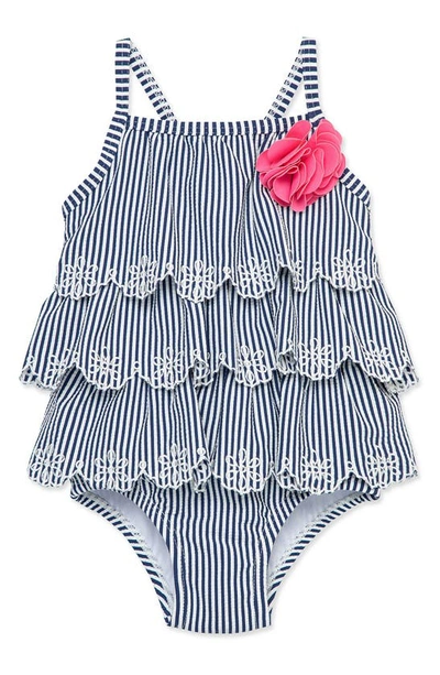 Shop Little Me Kids' Tiered Ruffle Stripe One-piece Swimsuit In Navy