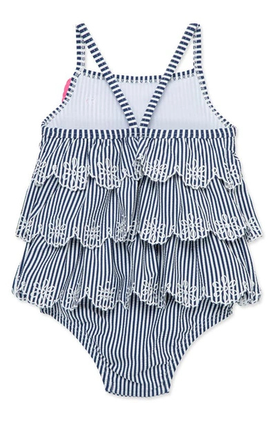 Shop Little Me Kids' Tiered Ruffle Stripe One-piece Swimsuit In Navy