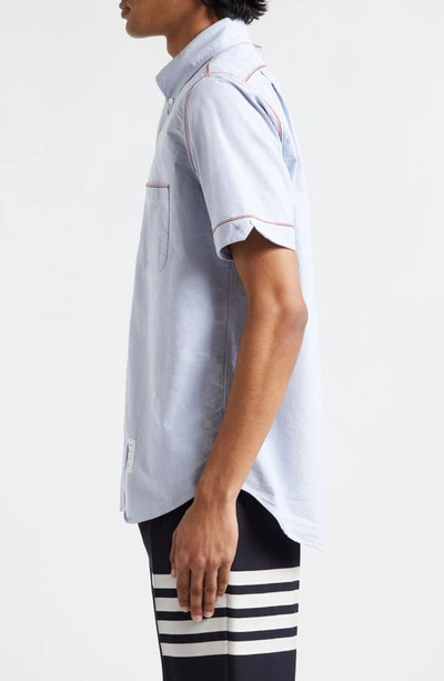 Shop Thom Browne Tricolor Trim Short Sleeve Cotton Button-down Shirt In Light Blue