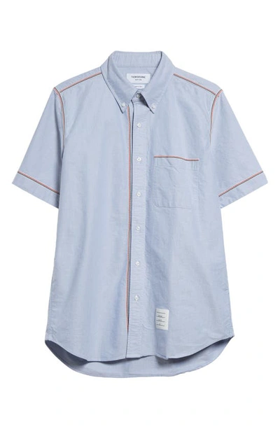 Shop Thom Browne Tricolor Trim Short Sleeve Cotton Button-down Shirt In Light Blue