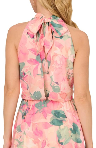 Shop Adrianna Papell Floral Mock Neck Chiffon Cocktail Midi Dress In Blush Multi