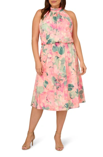 Shop Adrianna Papell Floral Mock Neck Chiffon Cocktail Midi Dress In Blush Multi