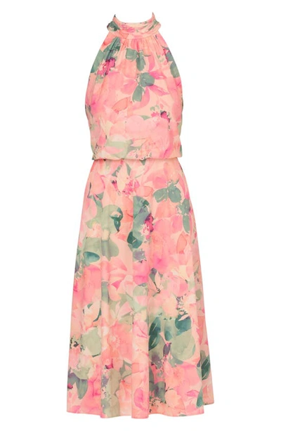 Shop Adrianna Papell Floral Mock Neck Chiffon Cocktail Midi Dress In Blush Multi