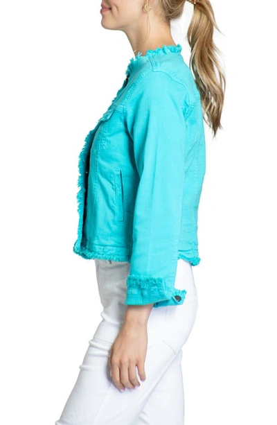 Shop Apny Frayed Collarless Denim Jacket In Turquoise