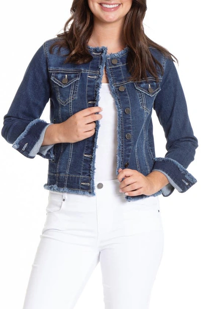 Shop Apny Frayed Collarless Denim Jacket In Indigo