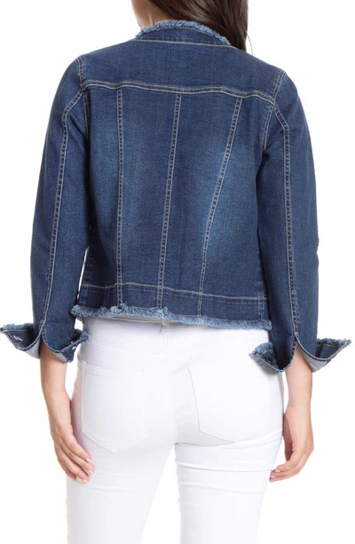 Shop Apny Frayed Collarless Denim Jacket In Indigo