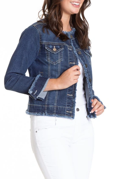 Shop Apny Frayed Collarless Denim Jacket In Indigo