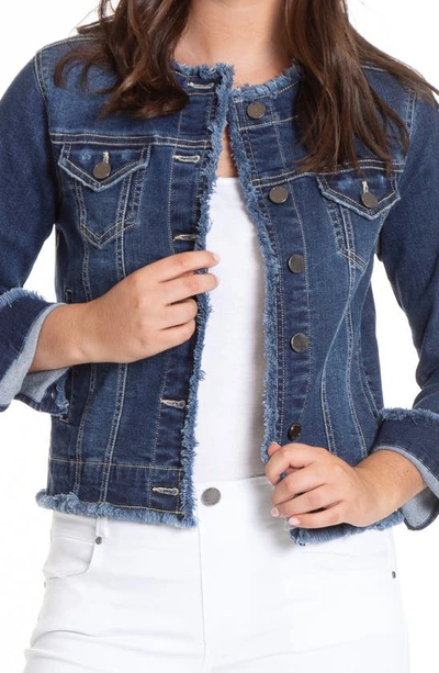 Shop Apny Frayed Collarless Denim Jacket In Indigo