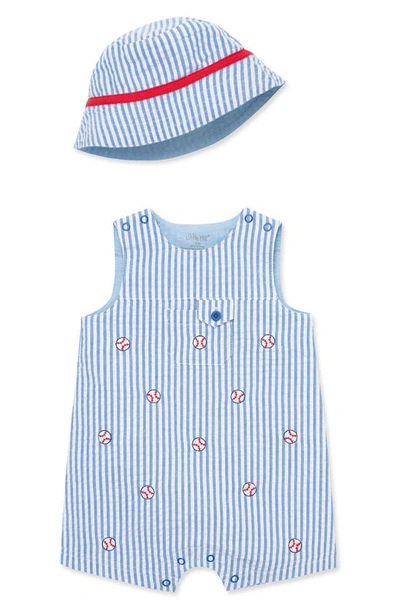 Shop Little Me Baseball Cotton Seersucker Romper & Hat Set In Blue