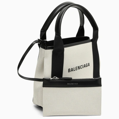 Shop Balenciaga Navy Xs Beige/black Canvas And Leather Cabas Bag