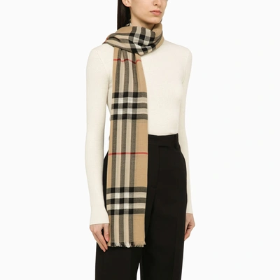Shop Burberry Beige Wool Scarf With Check Pattern