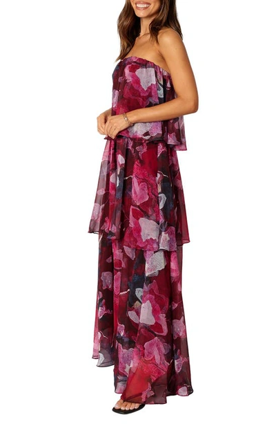 Shop Petal And Pup Petal & Pup Bloom Strapless Tiered Chiffon Maxi Dress In Purple Floral