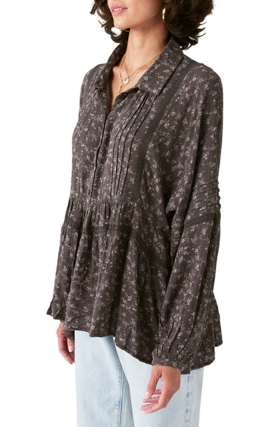 Shop Lucky Brand Floral Long Sleeve Cotton Blend Babydoll Blouse In Black Multi