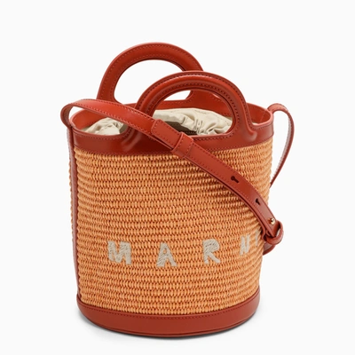 Shop Marni Tropicalia Beige Leather And Raffia Bucket Bag