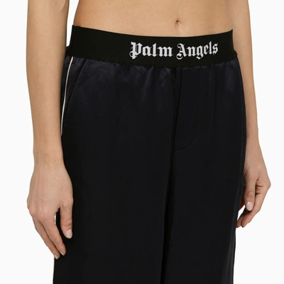 Shop Palm Angels Navy Blue Linen Blend Trousers