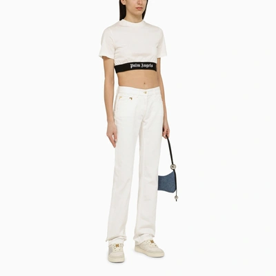 Shop Palm Angels White Cropped T Shirt With Cotton Logo