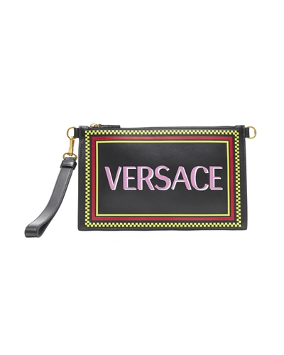 Shop Versace New  90s Graphic Logo Black Calf Zip Pouch Crossbody Clutch Bag
