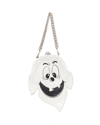 Shop Moschino New  Couture Runway White Friendly Ghost Toothless Smile Silver Chain Wrist Purse Bag