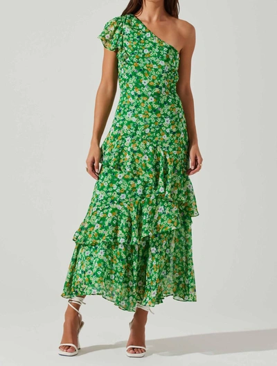 Shop Astr Victorian One Shoulder Midi Dress In Green Floral