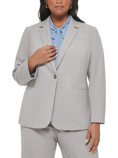 Shop Calvin Klein Plus Womens Woven Plaid One-button Blazer In Grey