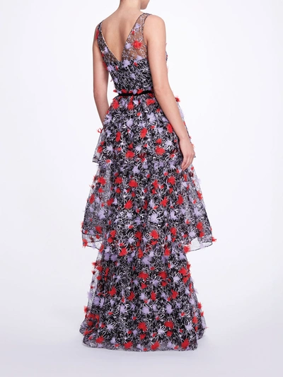 Shop Marchesa Tiered Embroidered Floral Gown In Black