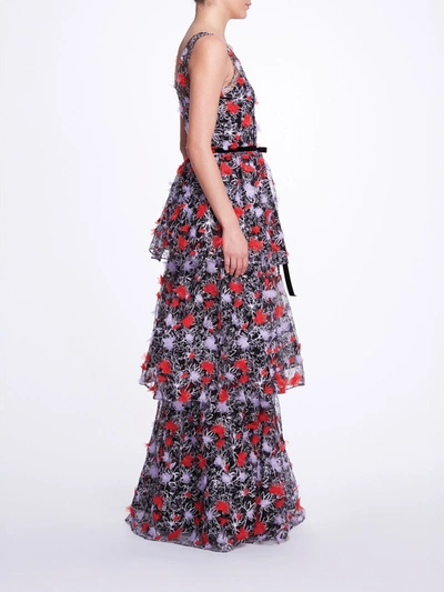 Shop Marchesa Tiered Embroidered Floral Gown In Black