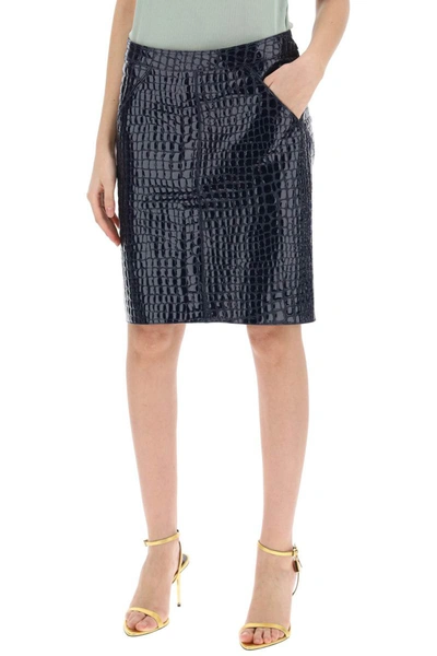 Shop Tom Ford "goat Leather Crocodile Effect Skirt" In Blue