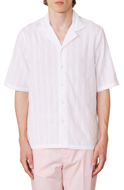 Shop Officine Generale Eren Stripe Short Sleeve Cotton Button-up Shirt In White