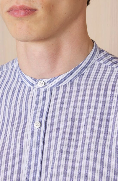 Shop Officine Generale Gaston Stripe Linen Blend Button-up Shirt In Dark Navy/ White