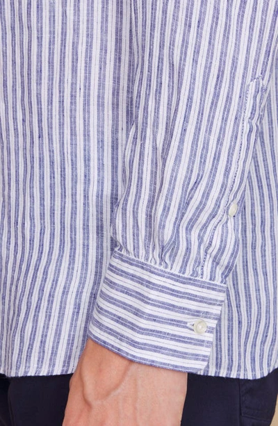Shop Officine Generale Gaston Stripe Linen Blend Button-up Shirt In Dark Navy/ White