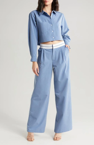 Shop Wayf Preston Pleated Wide Leg Pants In Chambray Blue