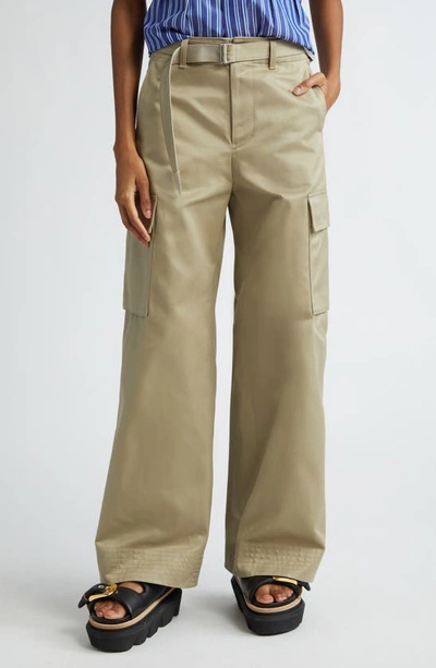 Shop Sacai Belted Wide Leg Cotton Gabardine Cargo Pants In Beige