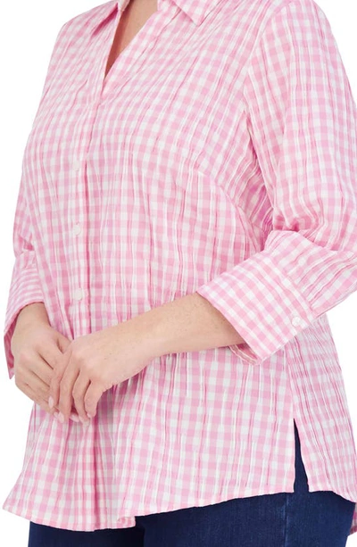 Shop Foxcroft Mary Crinkled Gingham Cotton Blend Shirt In Softshell Pink