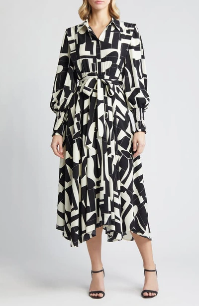 Shop Zoe And Claire Abstract Print Long Sleeve Tie Belt Midi Dress In Ivory/ Black