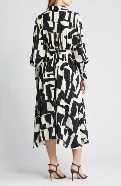 Shop Zoe And Claire Abstract Print Long Sleeve Tie Belt Midi Dress In Ivory/ Black
