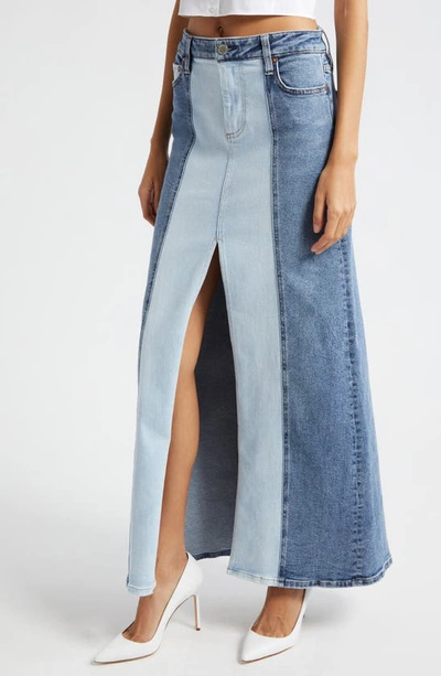 Shop Alice And Olivia Rye Two-tone Slit Front Denim Maxi Skirt In Brooklyn Blue/ Georgia Vintage
