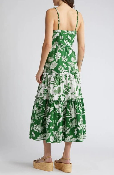 Shop Farm Rio Forest Soul Sleeveless Tiered Ruffle Midi Dress In Forest Soul Off-white/green