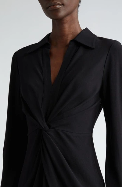 Shop St John Twist Front Long Sleeve Crepe Back Satin Midi Shirtdress In Black