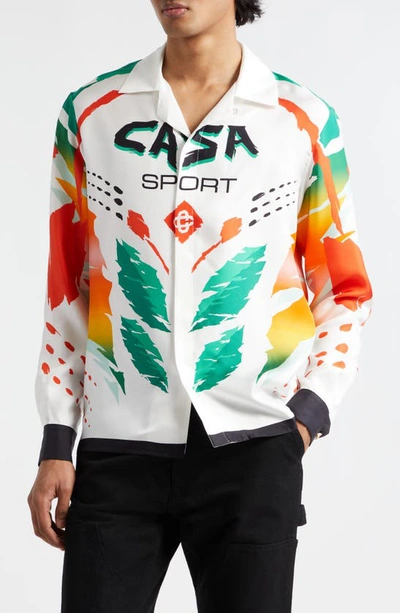 Shop Casablanca Casa Sport Long Sleeve Silk Camp Shirt In Casa Moto White