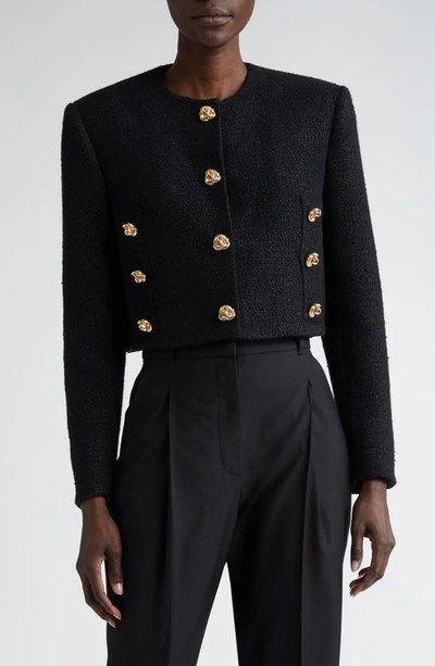 Shop Alexander Mcqueen Knot Button Crop Tweed Jacket In Black
