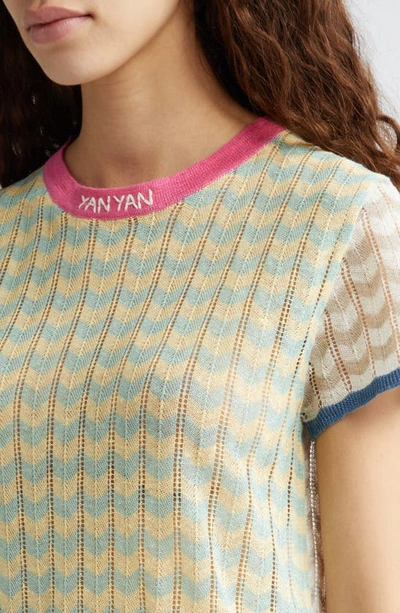 Shop Yanyan Tong Chevron Stripe Pointelle Stitch T-shirt In Mint