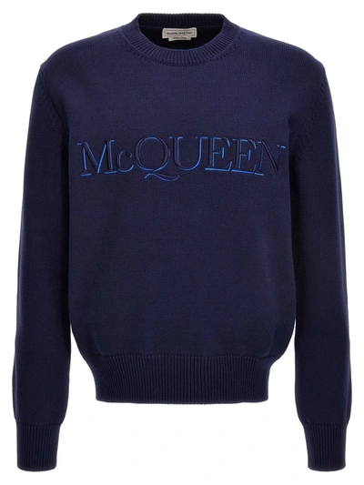 Shop Alexander Mcqueen Logo Embroidered Sweater In Blue
