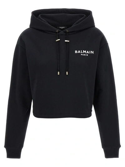 Shop Balmain Cropped Hoodie With Flocked Logo In Black
