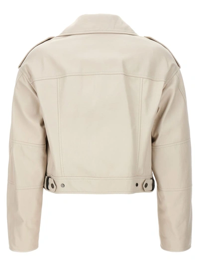 Shop Brunello Cucinelli Leather Biker Jacket In White