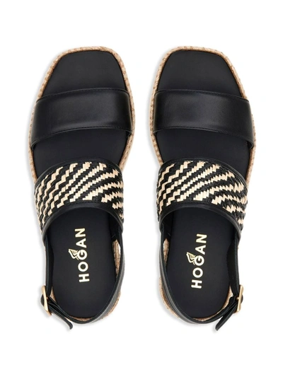 Shop Hogan Beige Raffia And Black Leather Sandals